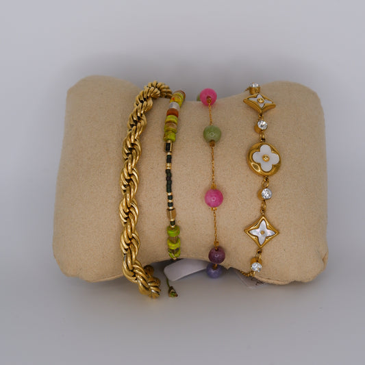 Pulseira Aço Inoxidável Malha, Missangas Ajustável, Bolas e Flores