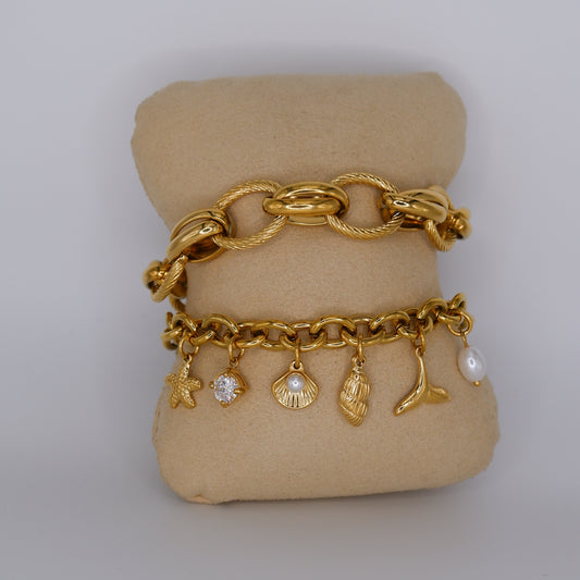 Pulseira Aço Inoxidável Malha e Pendentes