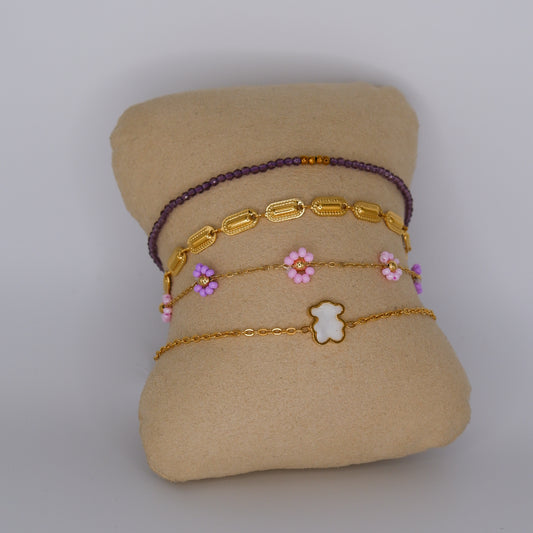 Pulseira Aço Inoxidável Roxa, Chapas, Flores e Urso