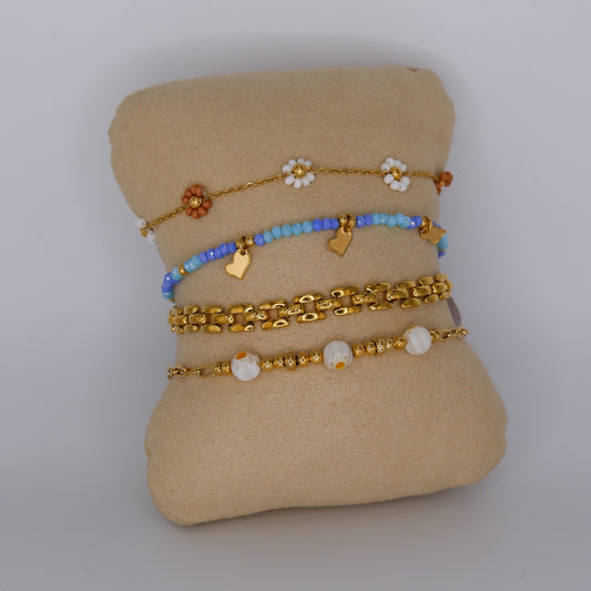 Pulseira Aço Inoxidável Flores, Azul, Malha, Bolas