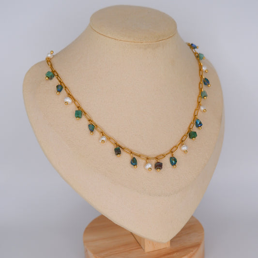 Colar Pendentes de Pérolas e Pedras Azuis