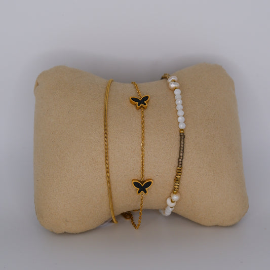 Pulseira Aço Inoxidável Malha Fina, Borboletas e Pérolas