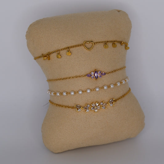 Pulseira Aço Inoxidável Corações, Pérolas e Brilhantes