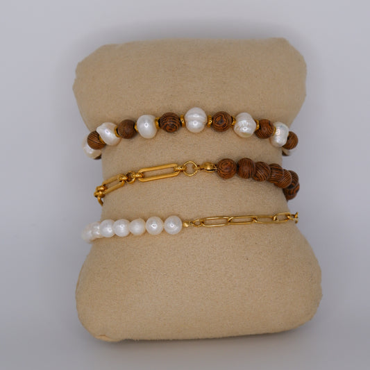 Pulseira Aço Inoxidável Madeira e Pérolas