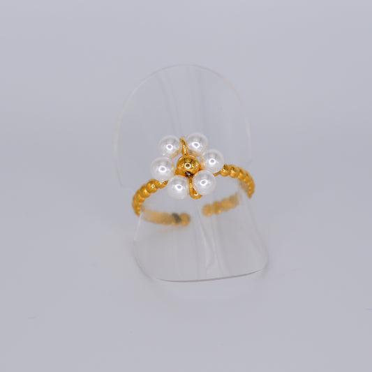 Anel Ajustável Dourado Flor Pérolas