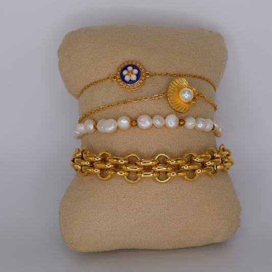 Pulseira Aço Inoxidável Medalha Flor, Concha, Pérolas e Malha