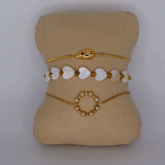 Pulseira Aço Inoxidável Malha Gota, Corações e Círculo