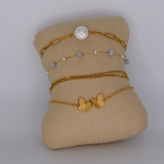 Pulseira Aço Inoxidável Pérola, Bolas, Malha Dupla e Borboletas