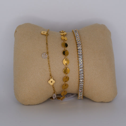 Pulseira Aço Inoxidável Pendentes, Círculos e Brilhantes