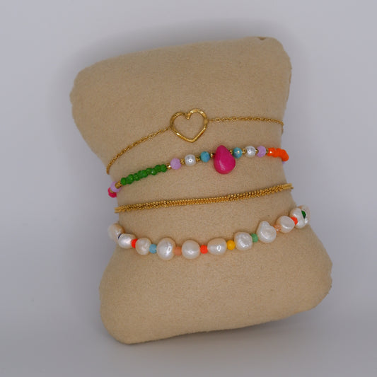 Pulseira Aço Inoxidável Coração, Missangas, Malha e Pérolas