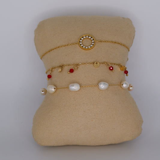 Pulseira Aço Inoxidável Círculo, Pendentes e Pérolas