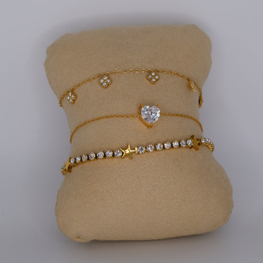 Pulseira Aço Inoxidável Flores, Coração e Brilhantes