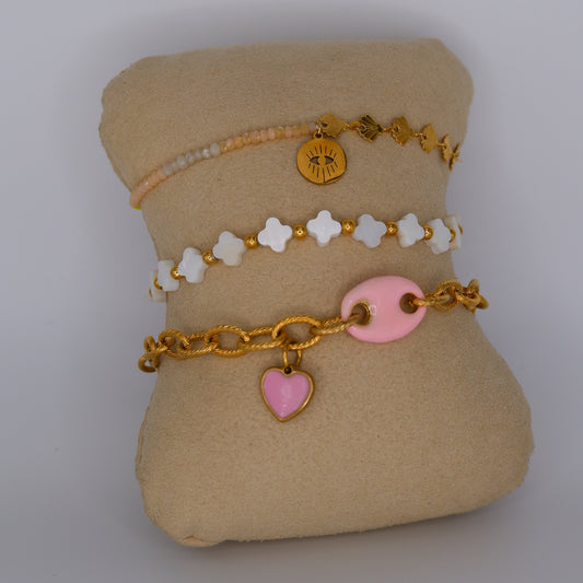 Pulseira Aço Inoxidável Missangas, Trevos e Rosa Coração