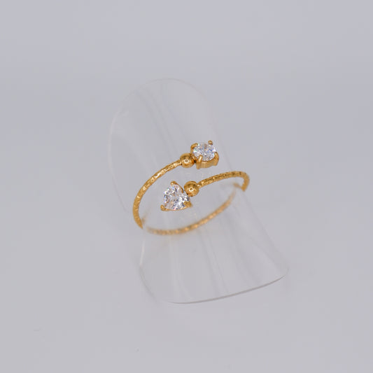 Anel Ajustável Dourado Coração e Ponto de Luz Transparente