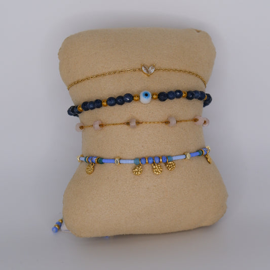 Pulseira Aço Inoxidável Brilhantes, Olho, Pedras e Azul Ajustável