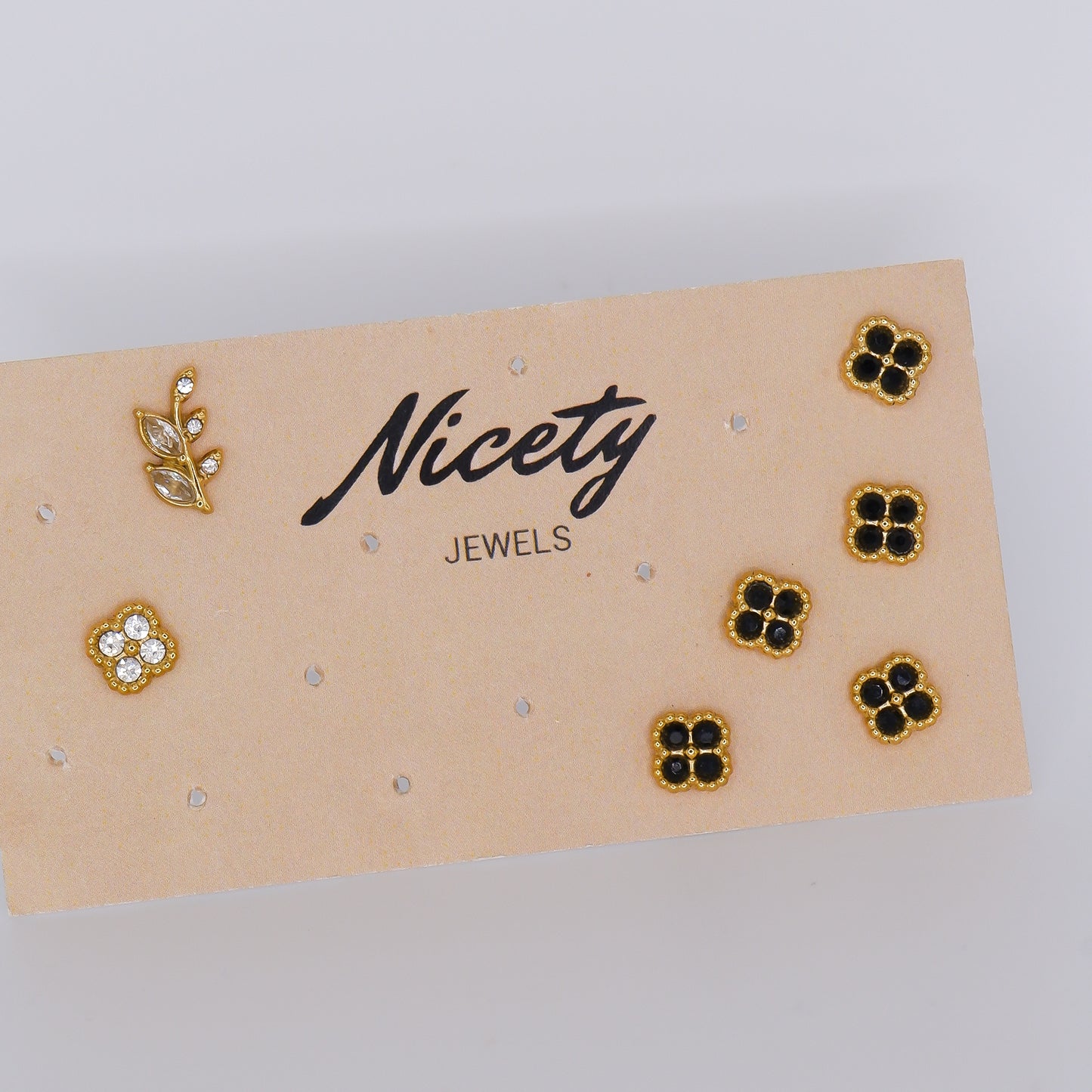 Brinco de Espeto Flor Preta, Flor Transparente e Folhas