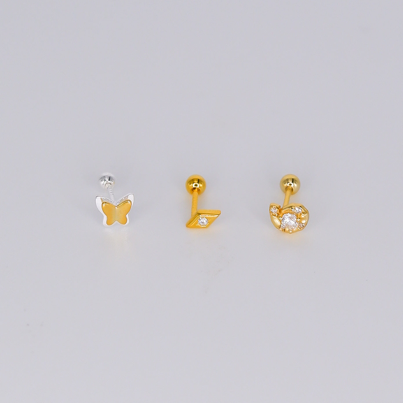Piercings Bolinha Dourados #43 Borboleta Bicolor, Losango e Caracol