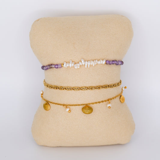 Pulseira Aço Inoxidável Pedras Roxas, Conchas e Entrelaçado