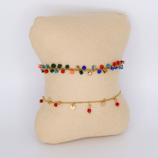 Pulseira Pedras Coloridas e Bolas Pendentes
