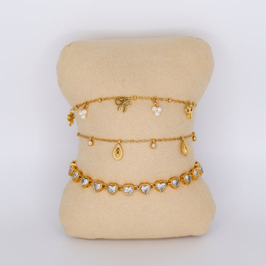 Pulseira Aço Inoxidável Laços, Gotas e Corações