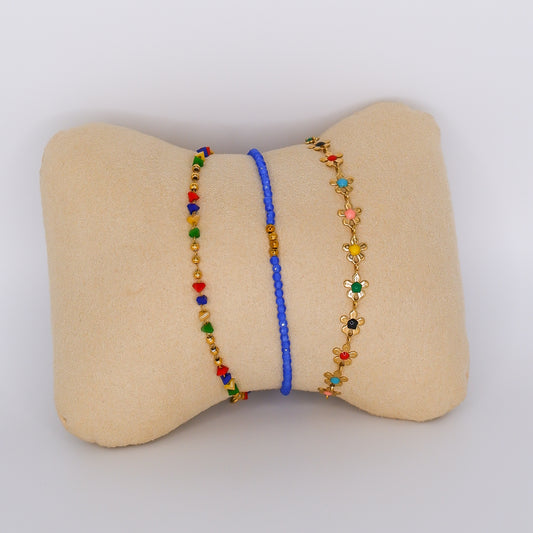 Pulseiras Aço Inoxidável Pedras Coloridas, Pedras Azuis e Flores
