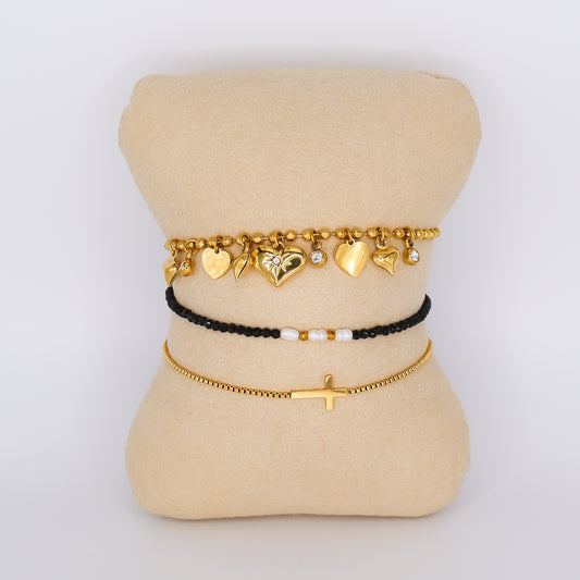 Pulseira Aço Inoxidável Pendentes Coração, Pedras Pretas e Cruz