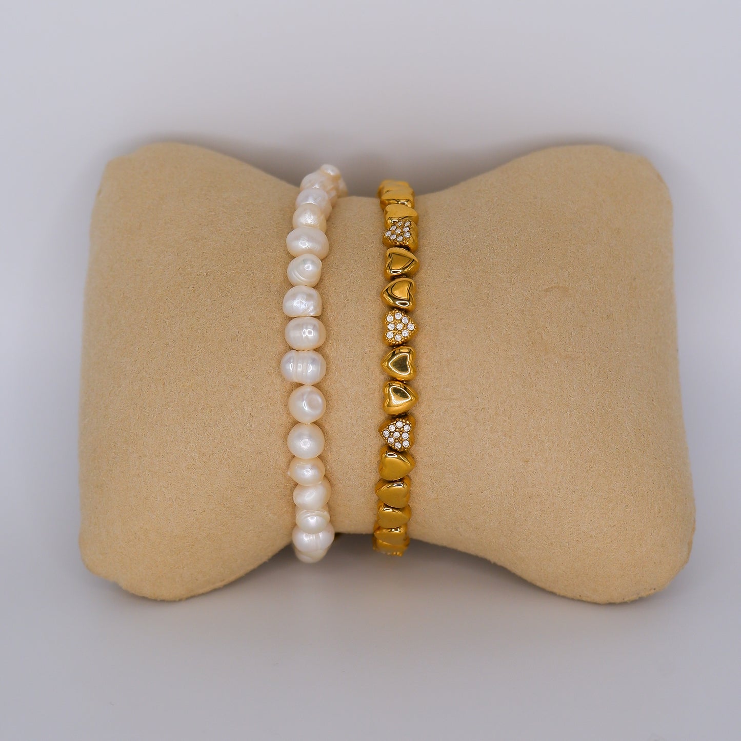Pulseira Aço Inoxidável Corações e Pérolas