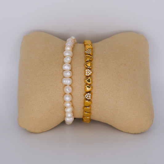 Pulseira Aço Inoxidável Corações e Pérolas