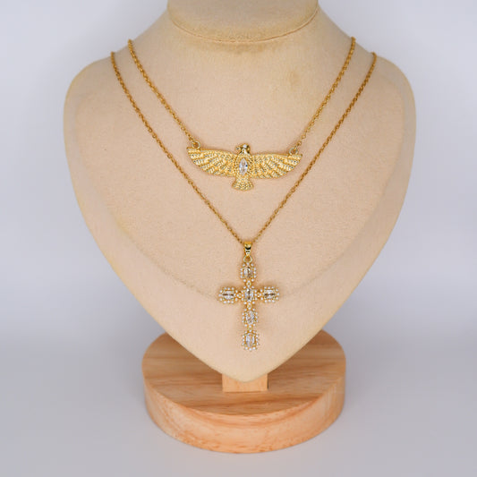 Colar Fénix e Cruz Brilhante