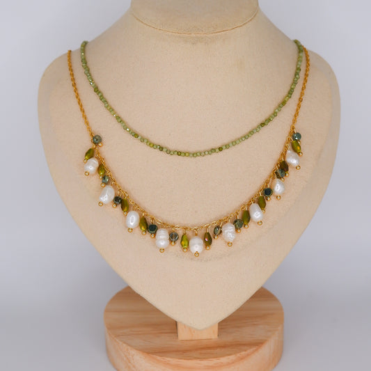 Colares Miçangas Verde Claro e Pérolas com Pedras Verdes