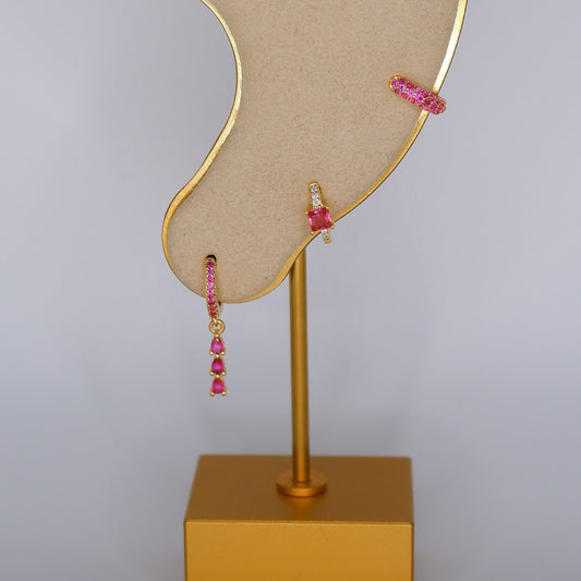 Argola S925 Rosa 3 Brilhantes, Quadrado e Toda Brilhantes