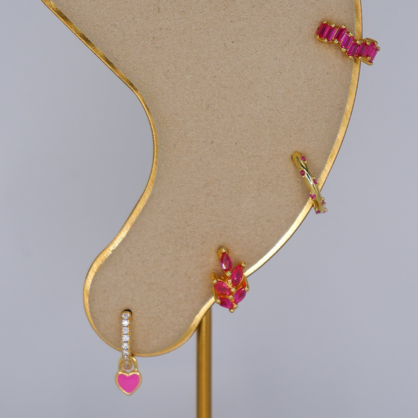 Argola S925 Rosa Brilhantes c/ Coração, Folha, Douarda c/ Brilhantes e Zig Zag