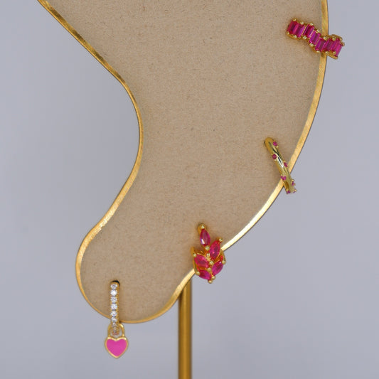 Argola S925 Rosa Brilhantes c/ Coração, Folha, Douarda c/ Brilhantes e Zig Zag