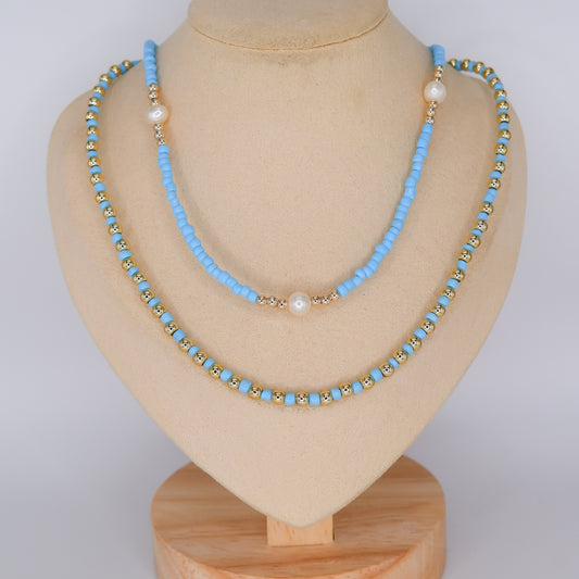 Colares Miçangas com Pérolas e Miçangas Azuis