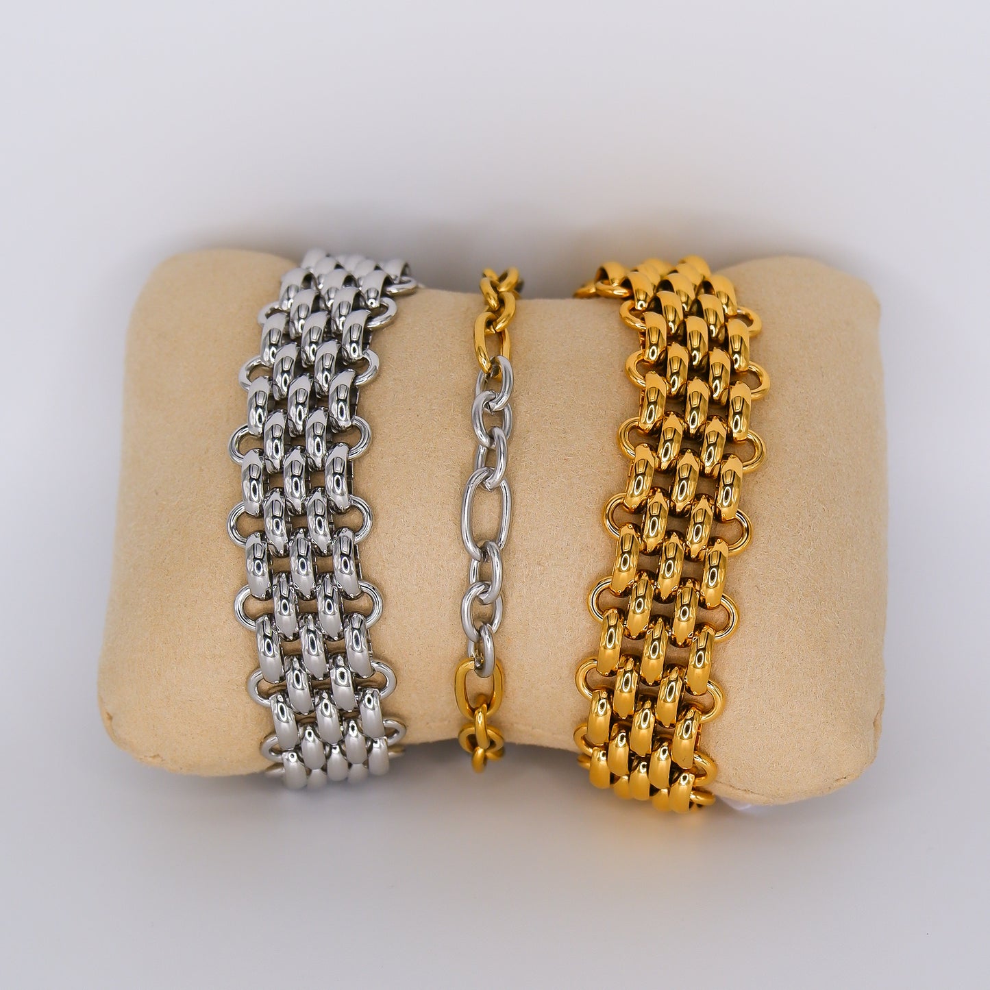 Pulseiras Aço Inoxidável  Malha Dourada, Malha Prateada e Corrente Bicolor