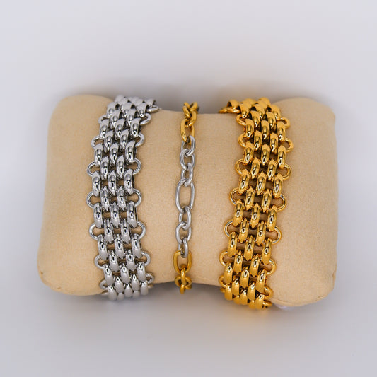 Pulseiras Aço Inoxidável  Malha Dourada, Malha Prateada e Corrente Bicolor