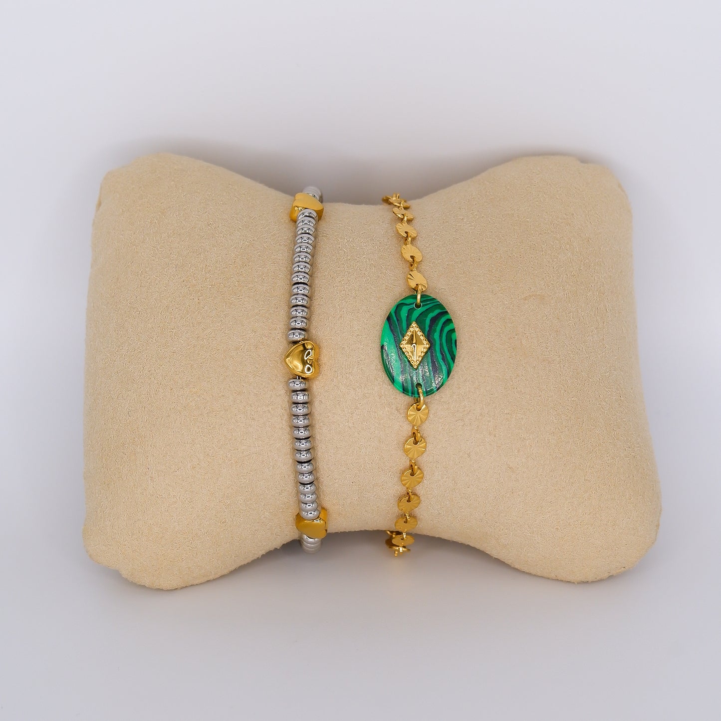 Pulseiras Aço Inoxidável Bicolor e Pedra Verde