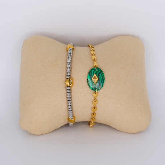 Pulseiras Aço Inoxidável Bicolor e Pedra Verde
