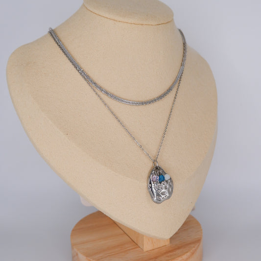 Colar Prateado Medalha e Malha