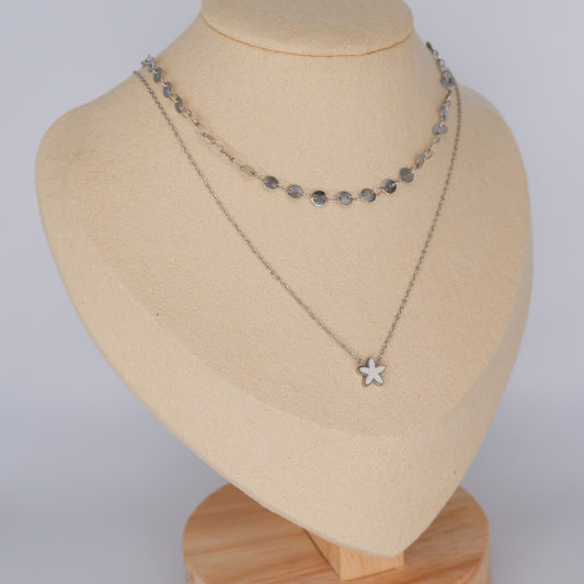 Colar Prateado Bolinhas e Flor