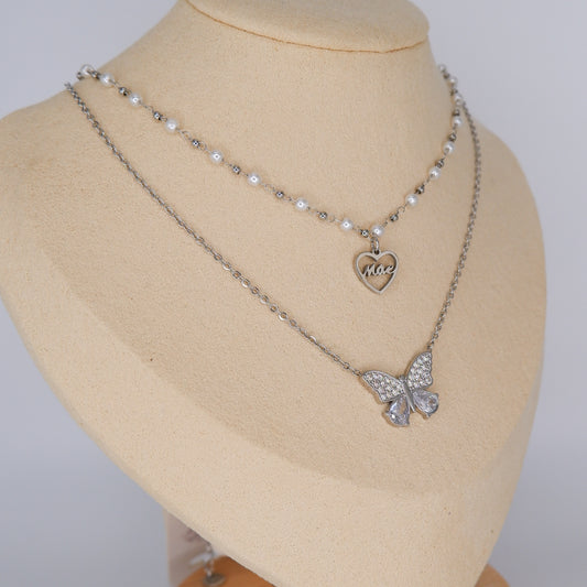 Colar Prateado Borboleta e Mãe Pérolas