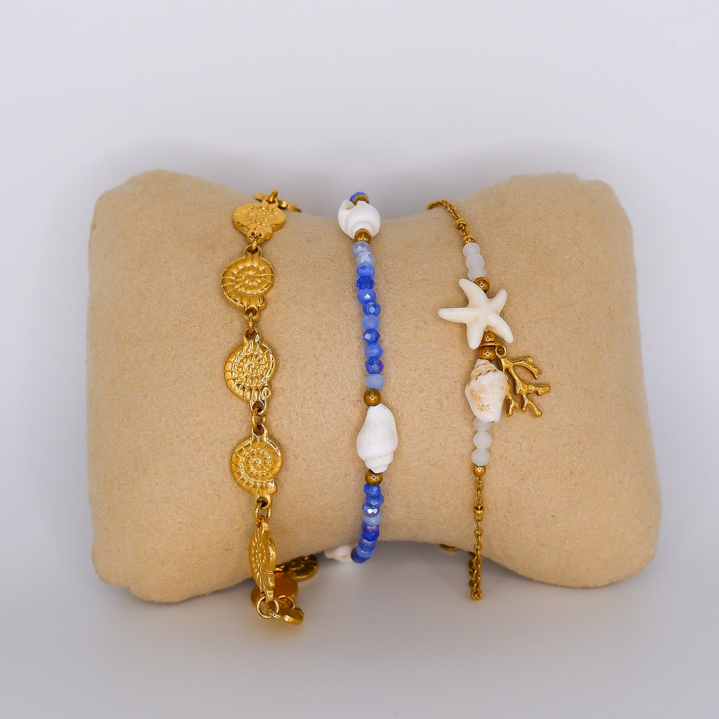 Pulseira Pé Conchas, Miçangas Azuis com Conchas e Estrela do Mar