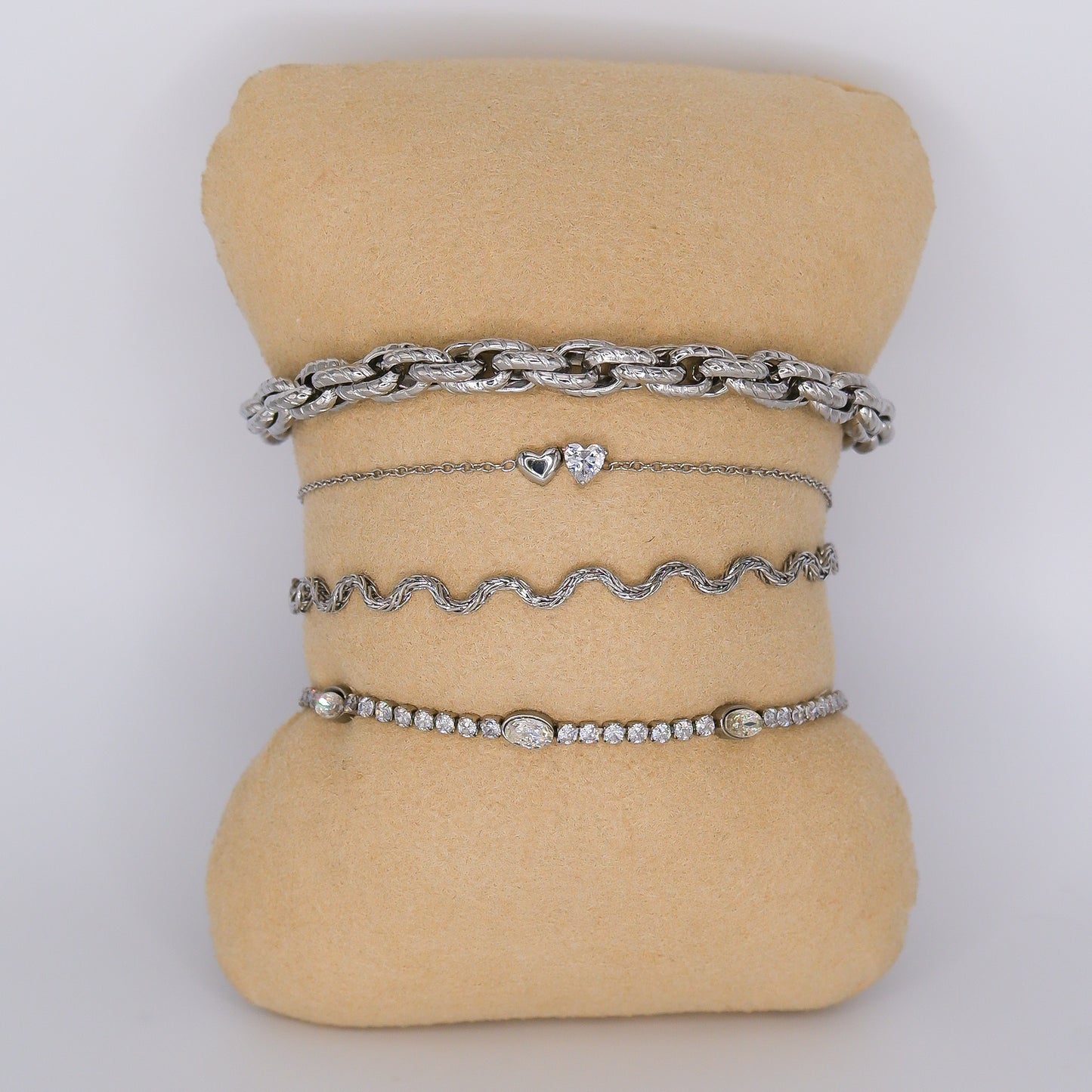 Pulseira Aço Inoxidável Malha Grossa, Corações, Onda e Brilho