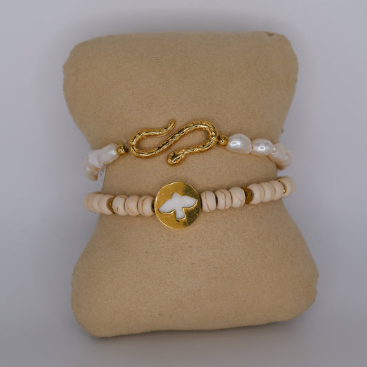 Pulseira Aço Inoxidável Elástico Pérolas e Pássaro