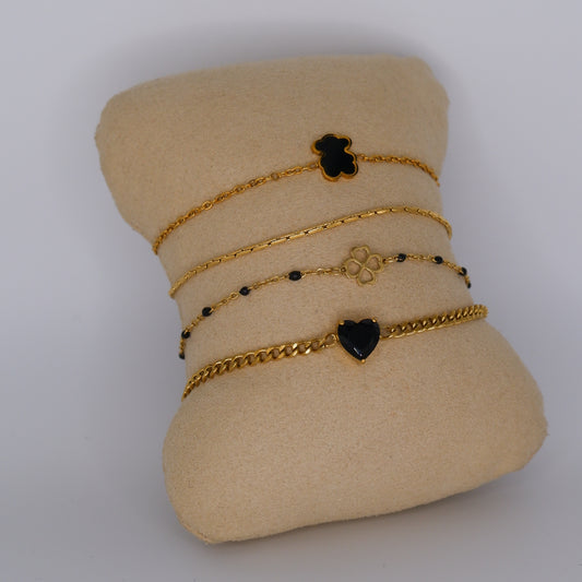 Pulseira Aço Inoxidável Urso, Malha, Trevo e Coração Preto