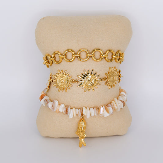 Pulseira Aço Inoxidável Círculos, Sol e Pedras