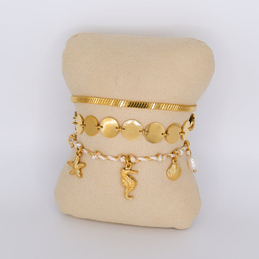 Pulseira Aço Inoxidável Bolas Achatadas, Malha Cobra, Pendentes Marinhos