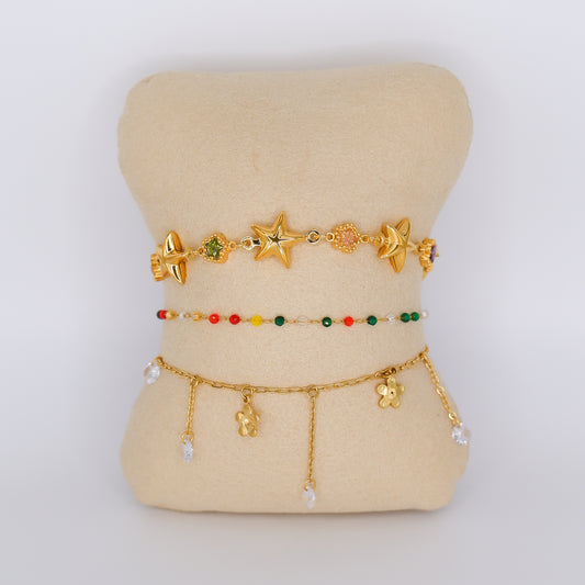 Pulseira Aço Inoxidável Estrelas, Flores Pendentes e Missangas Coloridas