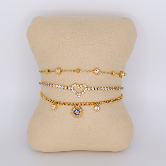 Pulseira Aço Inoxidável Brilhos, Coração, Medalha Azul