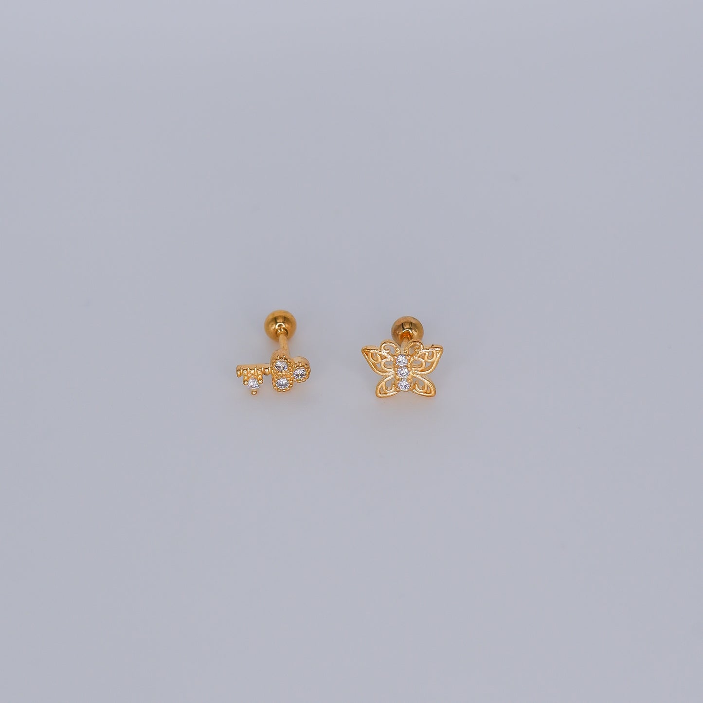 Piercing Bolinha Banho de Ouro Chave e Borboleta